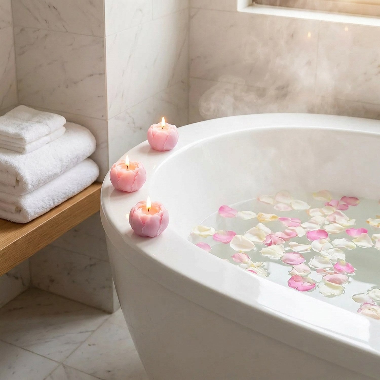 Bougies pivoine allumées au bord dune baignoire spa avec pétales de fleurs