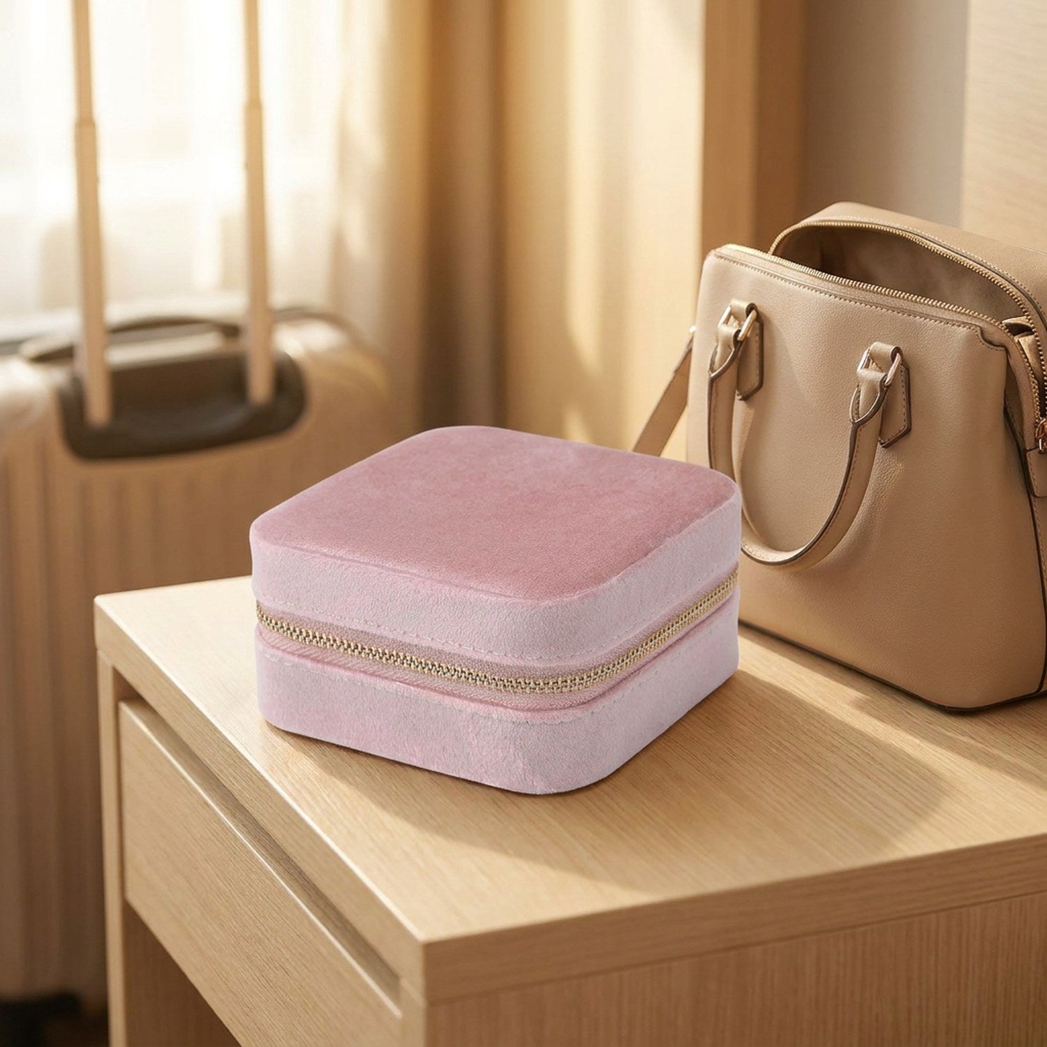 Boîte à bijoux de voyage en velours rose posée sur une table de nuit à côté d'un sac à main
