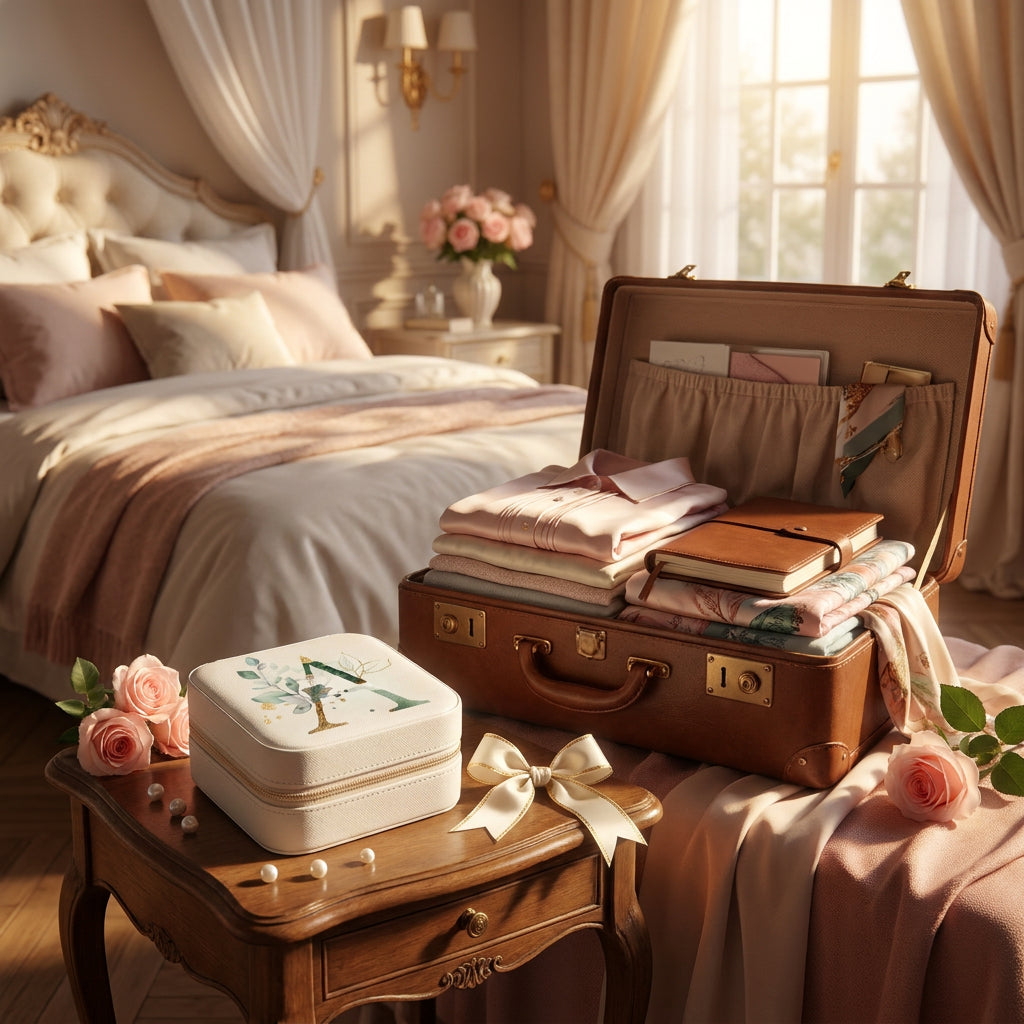 Boîte à bijoux de voyage initiale florale posée à côté d'une valise ouverte cadeau femme