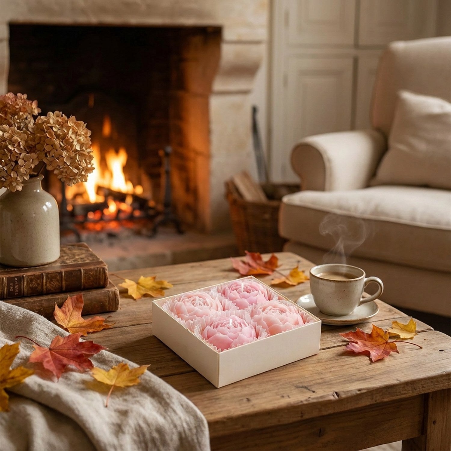 Coffret bougies parfumées posé sur table salon cheminée cosy idée cadeau