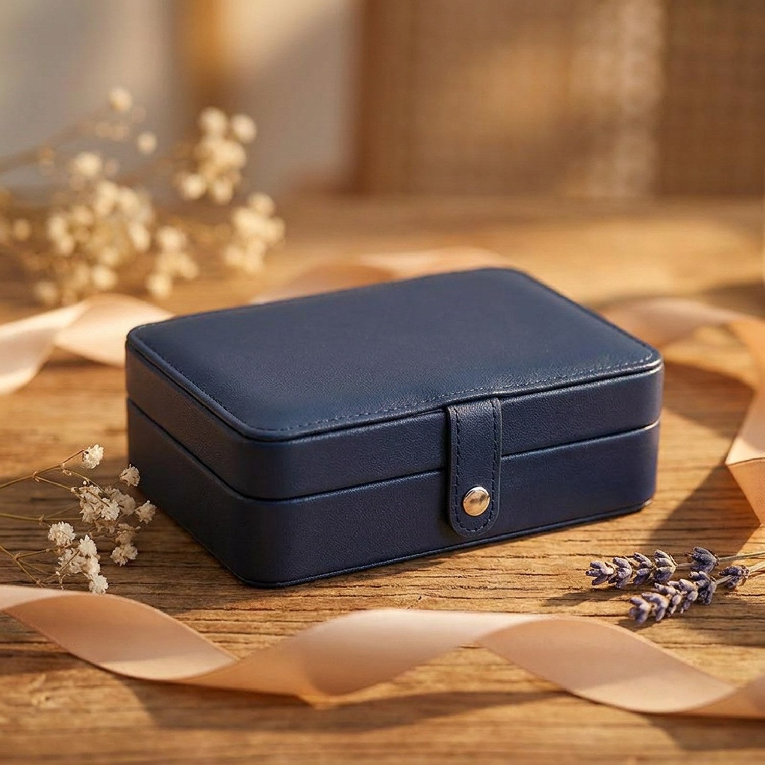 Boîte à bijoux en cuir bleu foncé présentée comme cadeau avec ruban et fleurs séchées