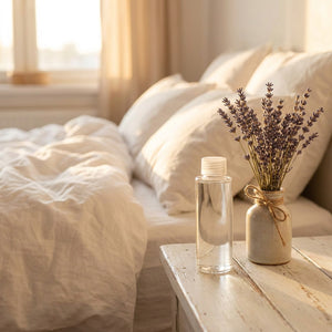 Recharge huile parfumée lavande vanille sur table de nuit en bois dans chambre lumineuse