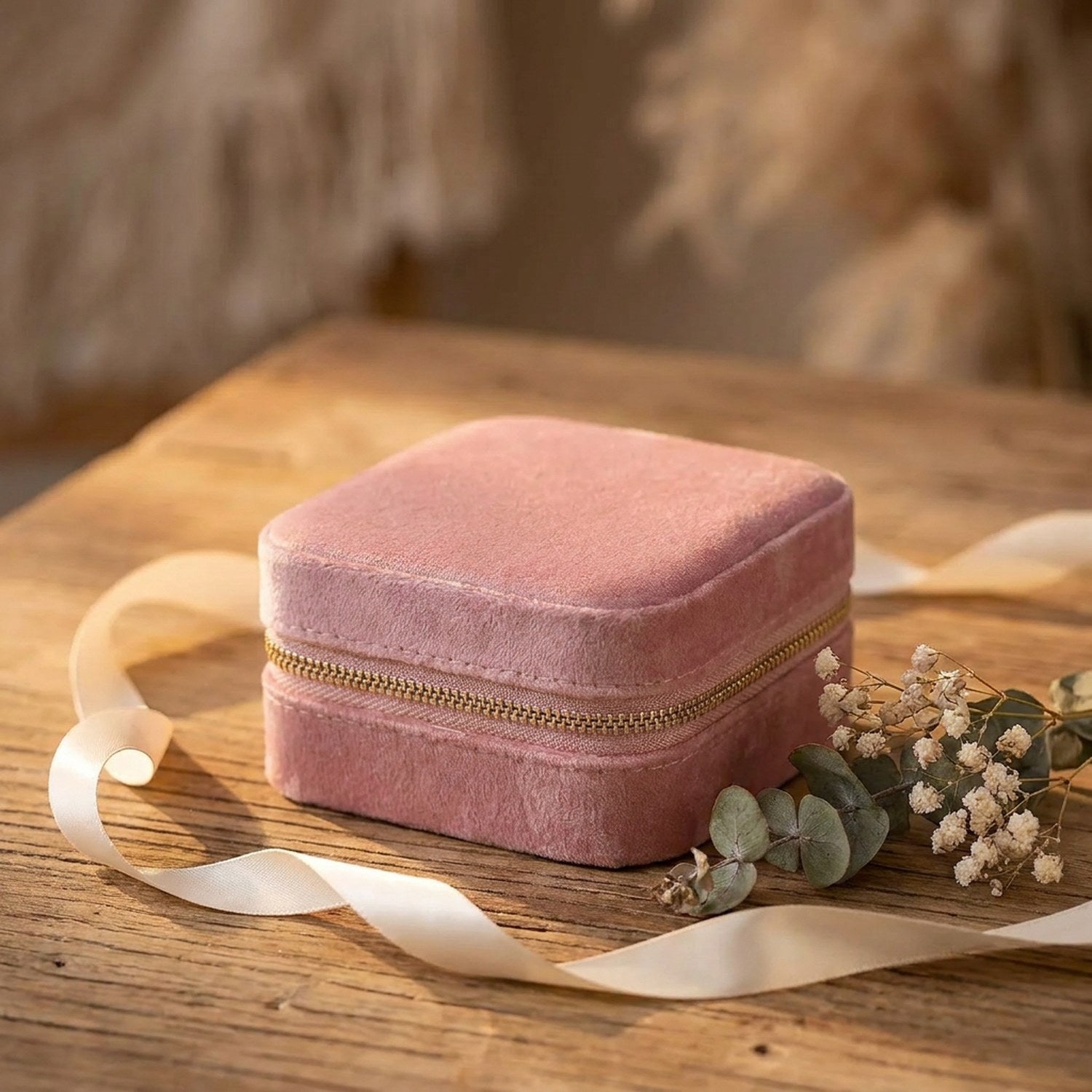 Boîte à bijoux en velours rose présentée comme cadeau avec un ruban et des fleurs séchées