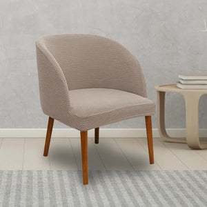 Housse de chaise ronde beige en situation dans un salon avec table d'appoint