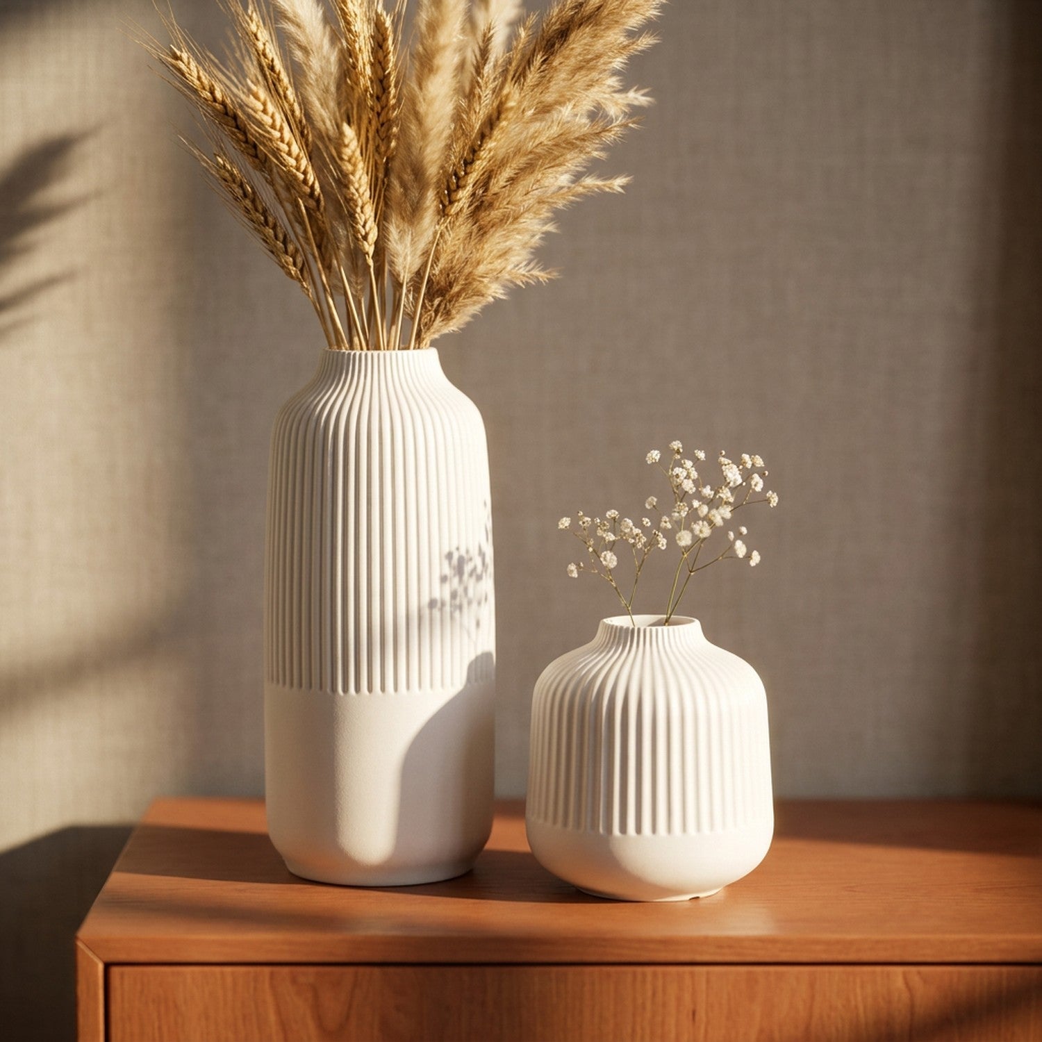 Vases en céramique striée blanc mat close-up sur buffet terrracotta lumière dorée