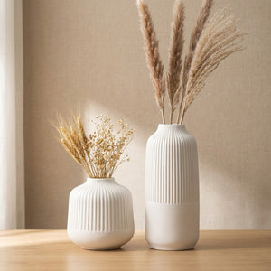 Lot de 2 vases en céramique blanc mat style nordique strié - vue principale