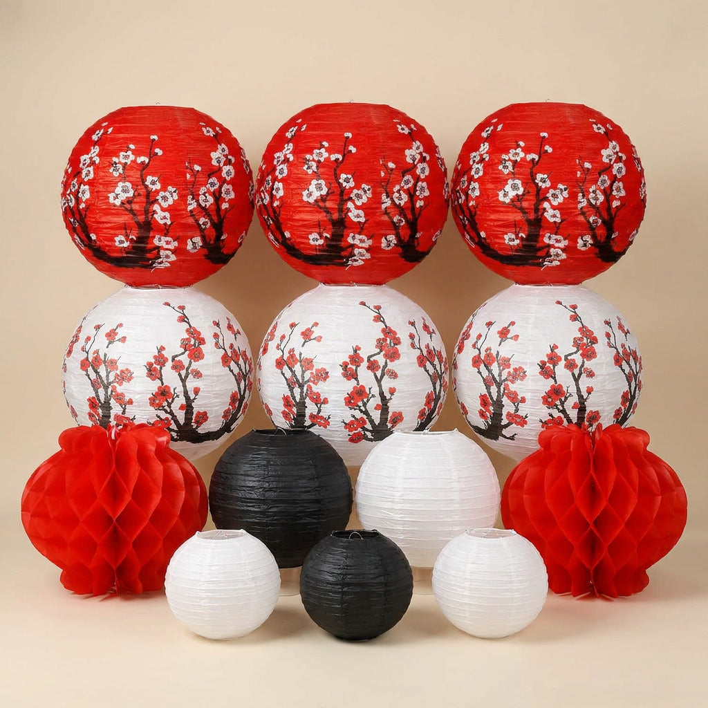 Lot de lanternes japonaises en papier rouges blanches et noires