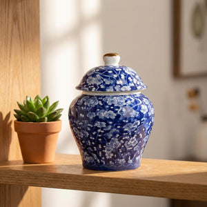 Pot à thé bleu et blanc sur étagère bois avec plante verte