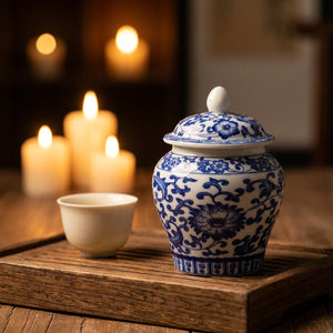 Pot à thé bleu et blanc sur plateau thé avec bougies ambiance cosy