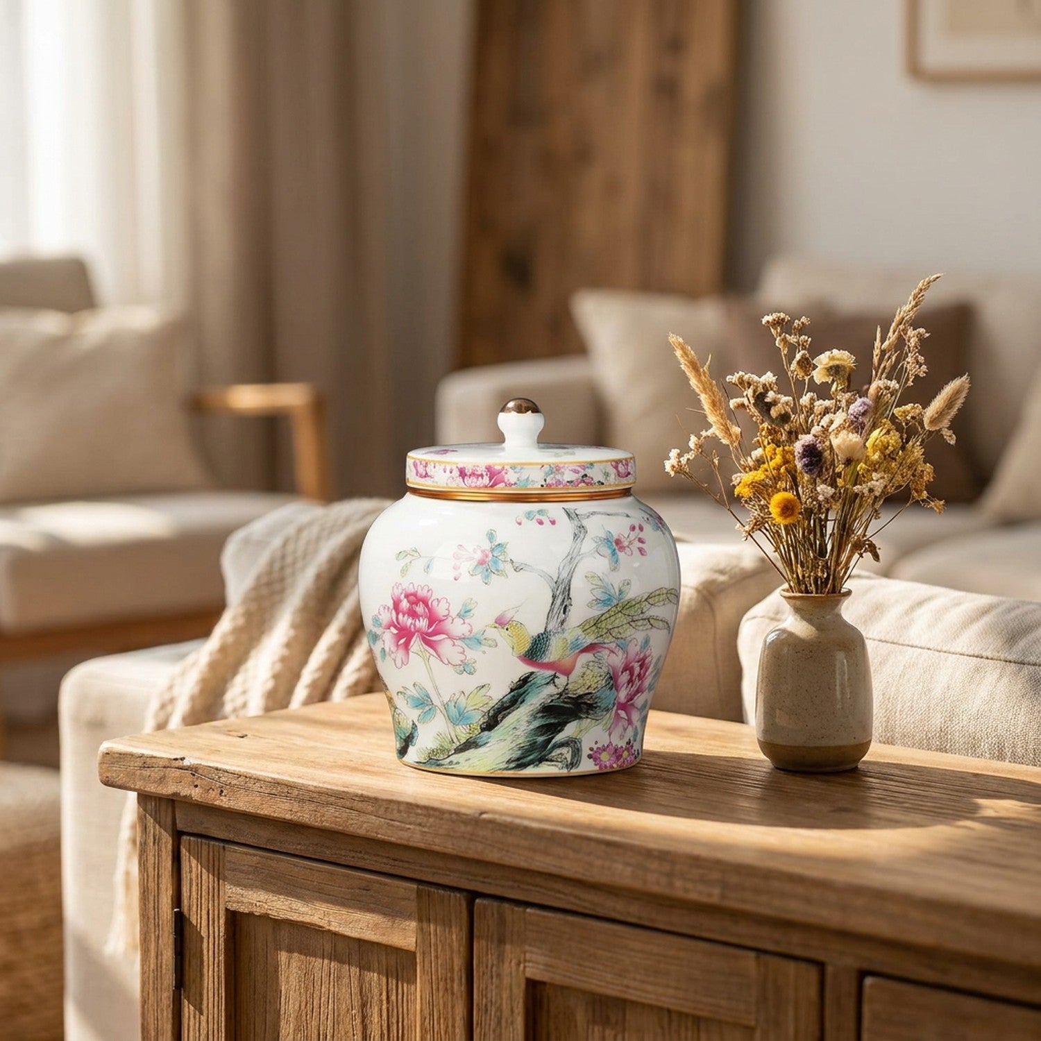 Pot à thé porcelaine colorée oiseaux sur buffet avec fleurs séchées