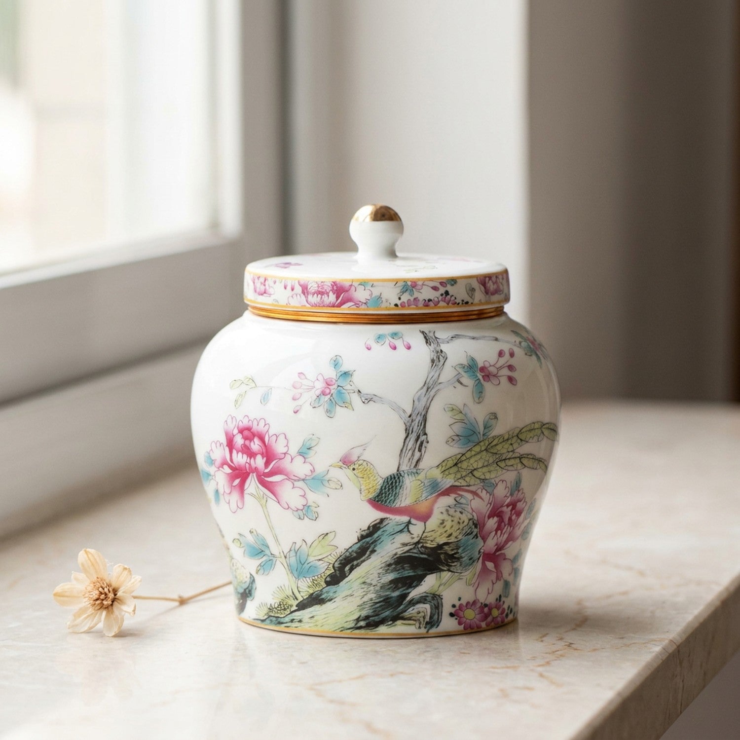 Pot à thé porcelaine fleurie sur rebord marbre près fenêtre lumineuse