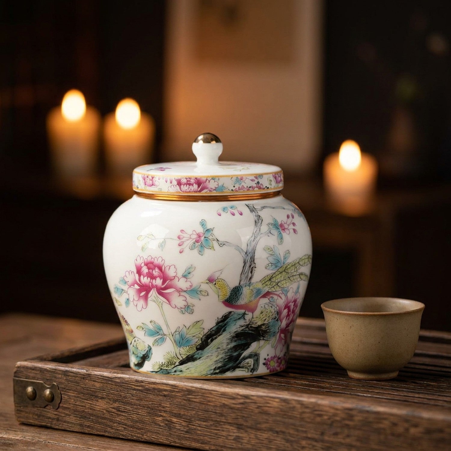 Pot à thé chinois coloré sur plateau en bois avec tasse et bougies