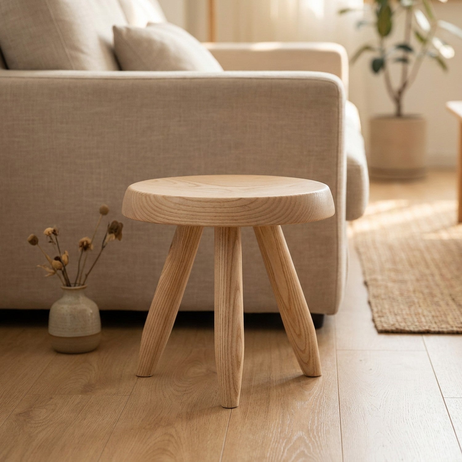 Tabouret rond en bois clair utilisé comme bout de canapé dans un salon chaleureux