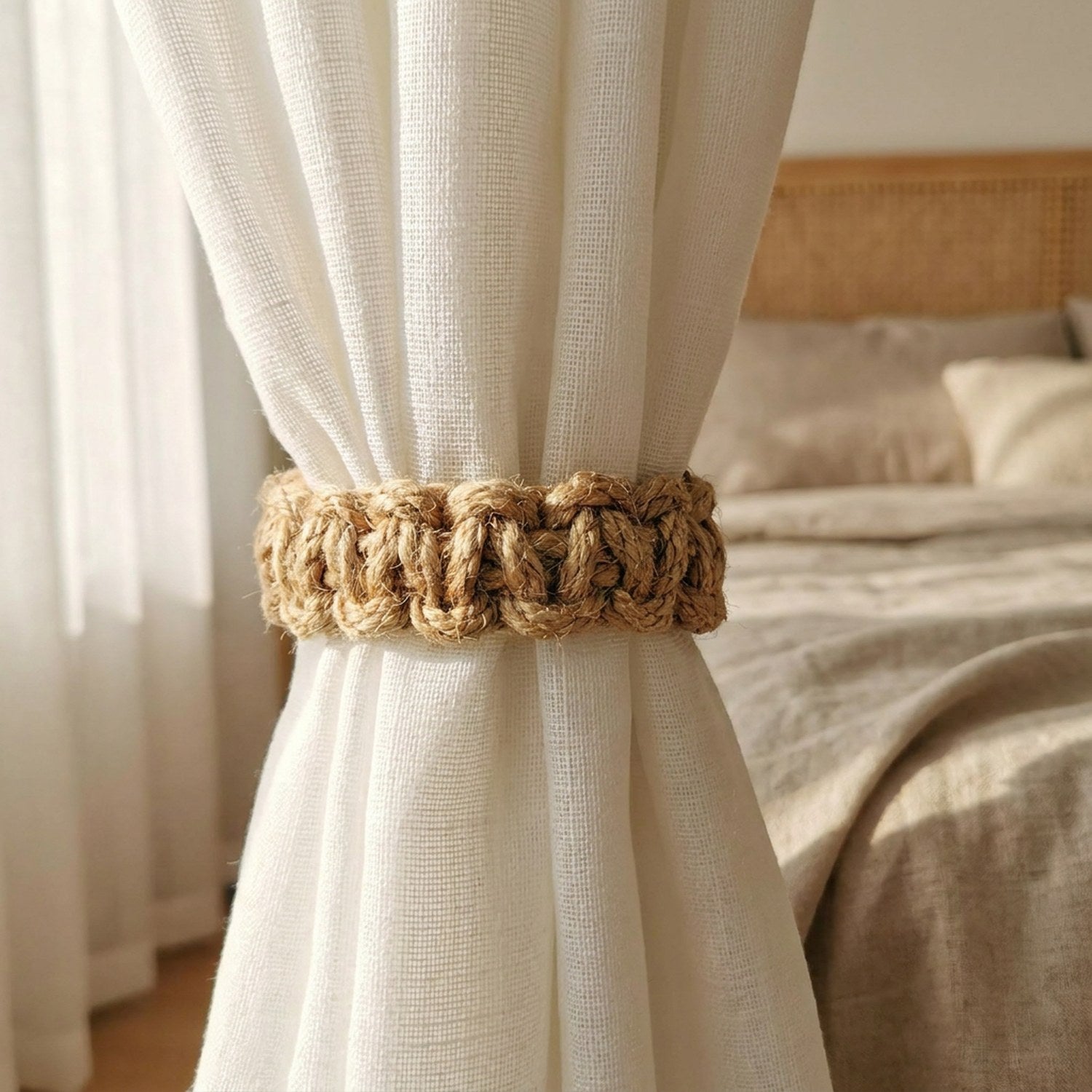 Embrasse en jute naturelle retenant un rideau dans une chambre boheme