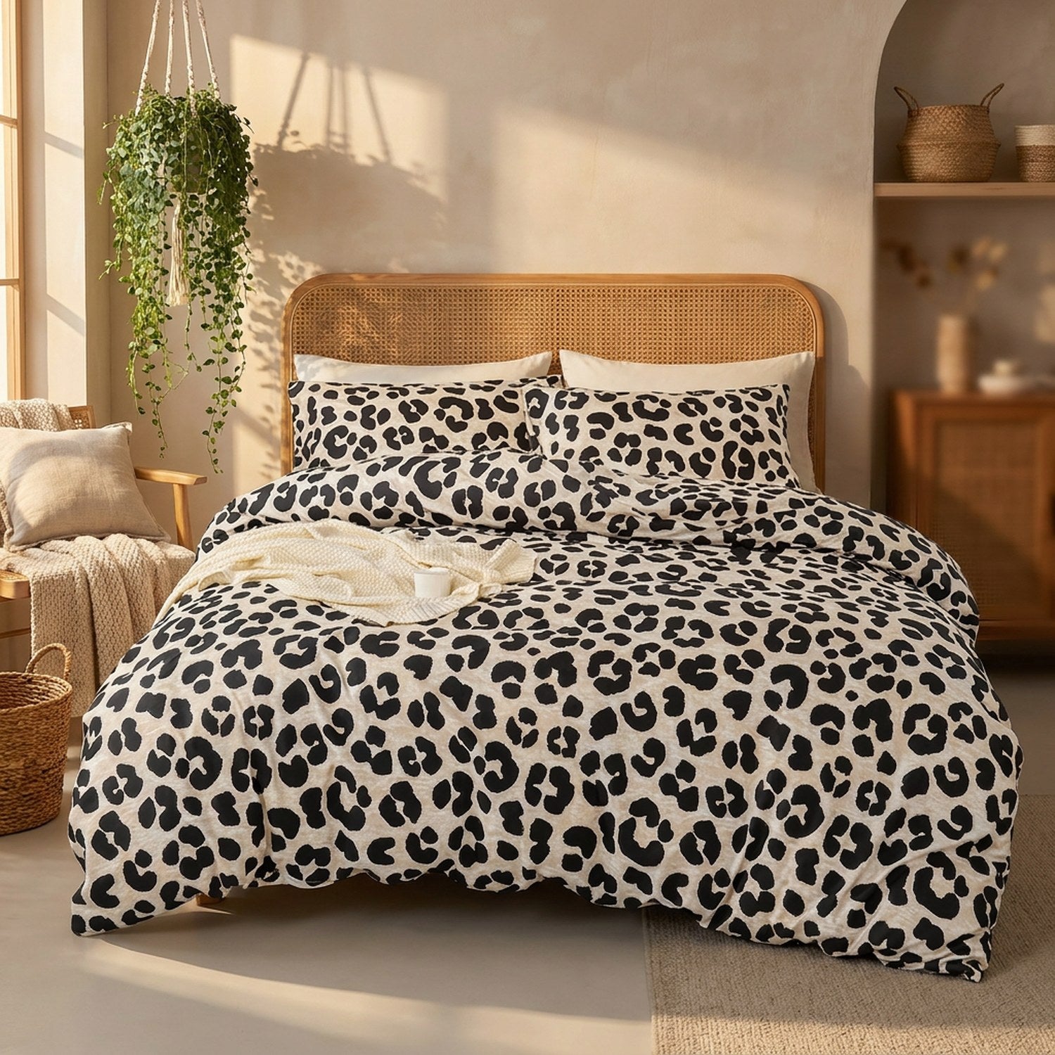 Parure de lit léopard beige sur un lit dans une chambre bohème avec tête de lit en rotin