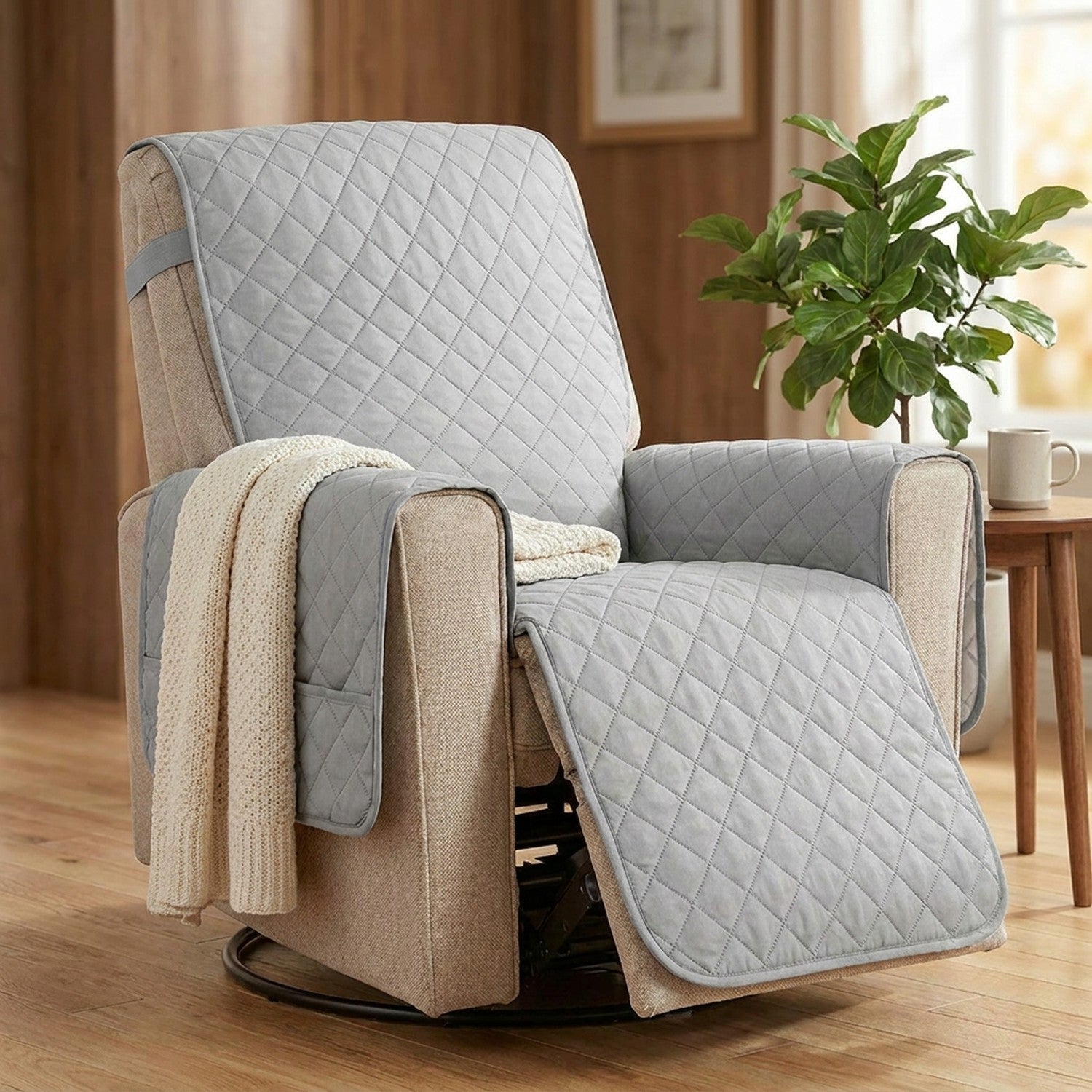 Housse grise matelassée sur un fauteuil inclinable avec plaid et plante dans un salon cosy