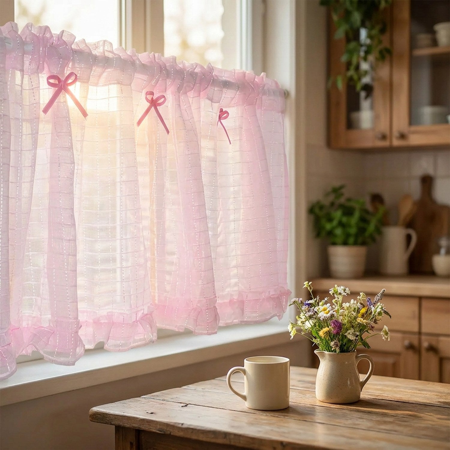 Rideau court en tulle rose suspendu à la fenêtre d'une cuisine cottage avec un bouquet de fleurs