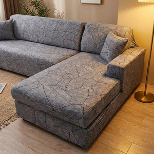 Housse de canapé d'angle motif graphique gris vue rapprochée de l'assise