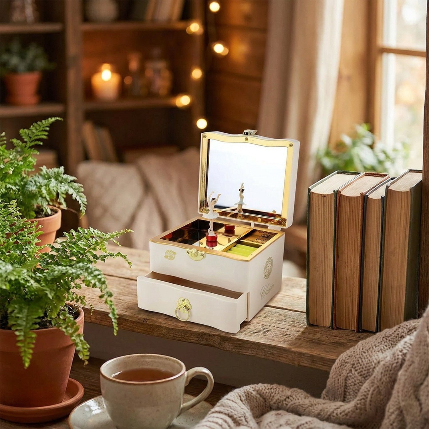 Boîte à bijoux musicale ouverte sur une étagère bois avec plantes et livres