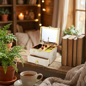 Boîte à bijoux musicale ouverte sur une étagère bois avec plantes et livres