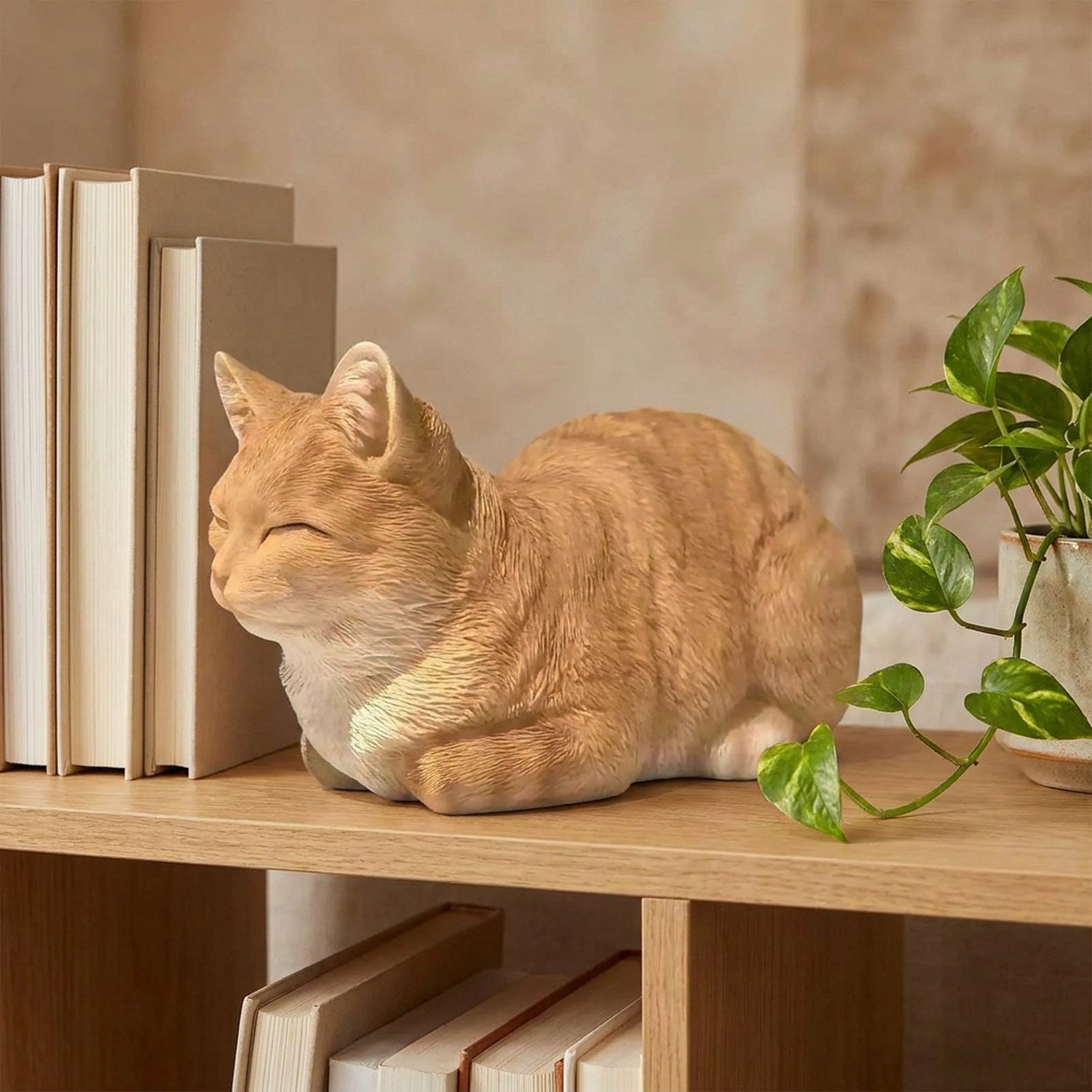 Statue de chat endormi orange en résine sur une étagère avec des livres et une plante