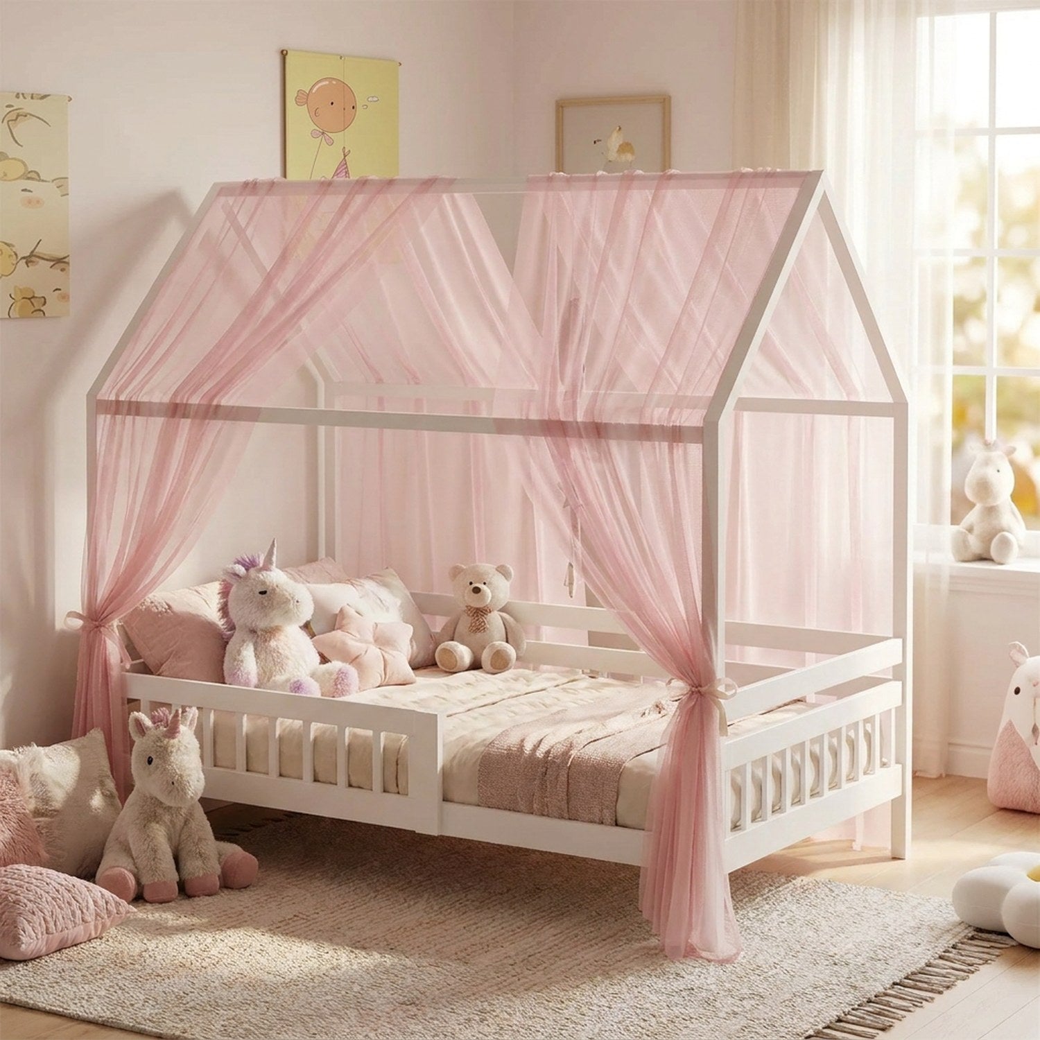 Ciel de lit enfant en mousseline rose drapé sur un lit cabane dans une chambre de petite fille