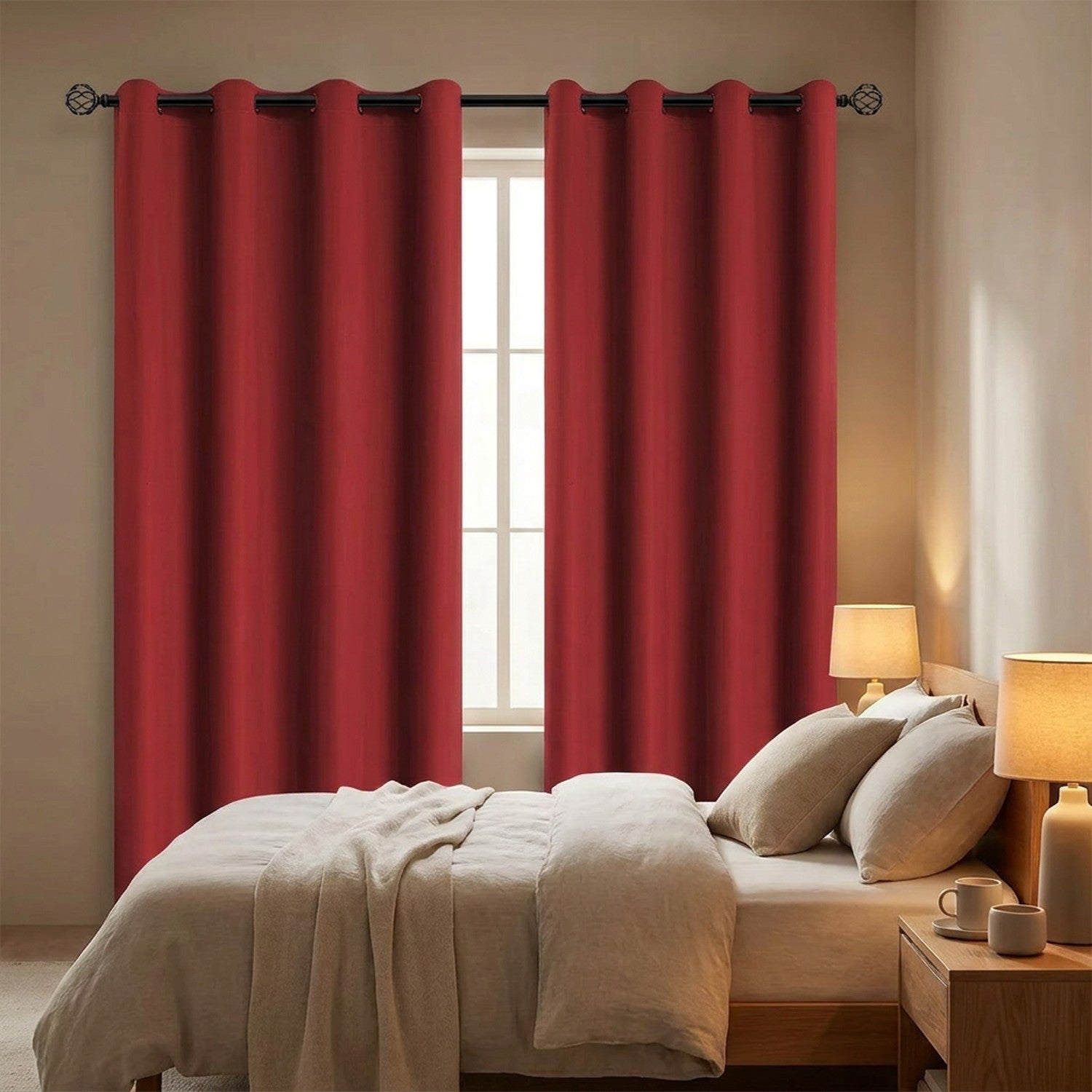 Rideau occultant rouge à œillets dans une chambre à coucher chaleureuse