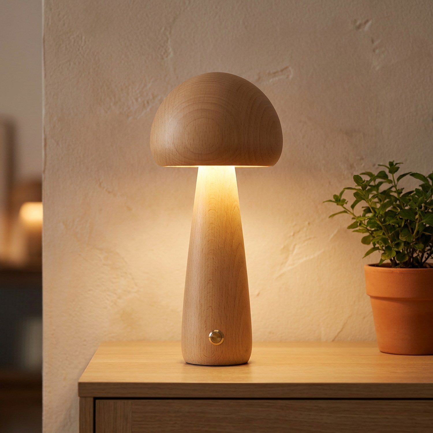 Lampe champignon en bois élancée allumée sur une console près d'une plante