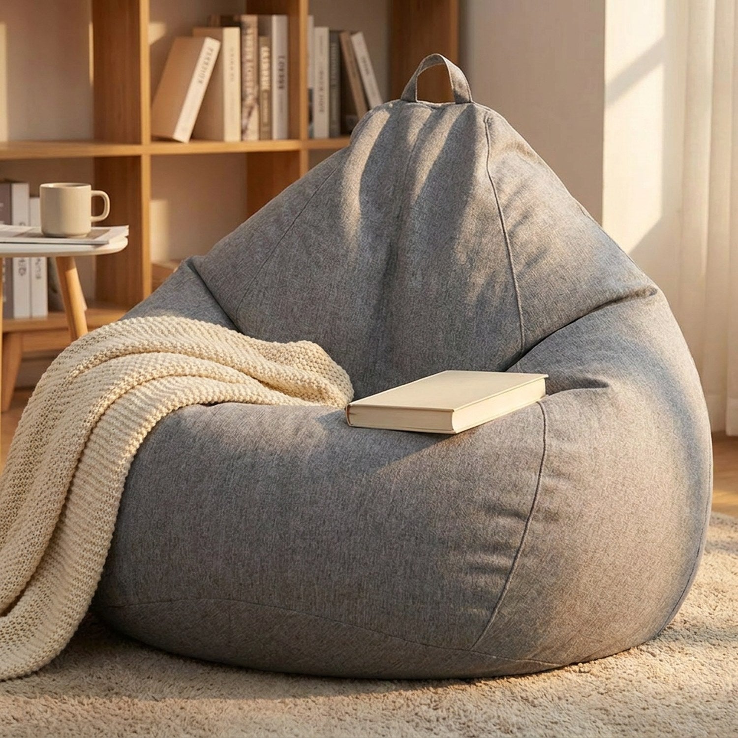 Pouf poire gris chiné avec un plaid tricoté et un livre dans un coin lecture
