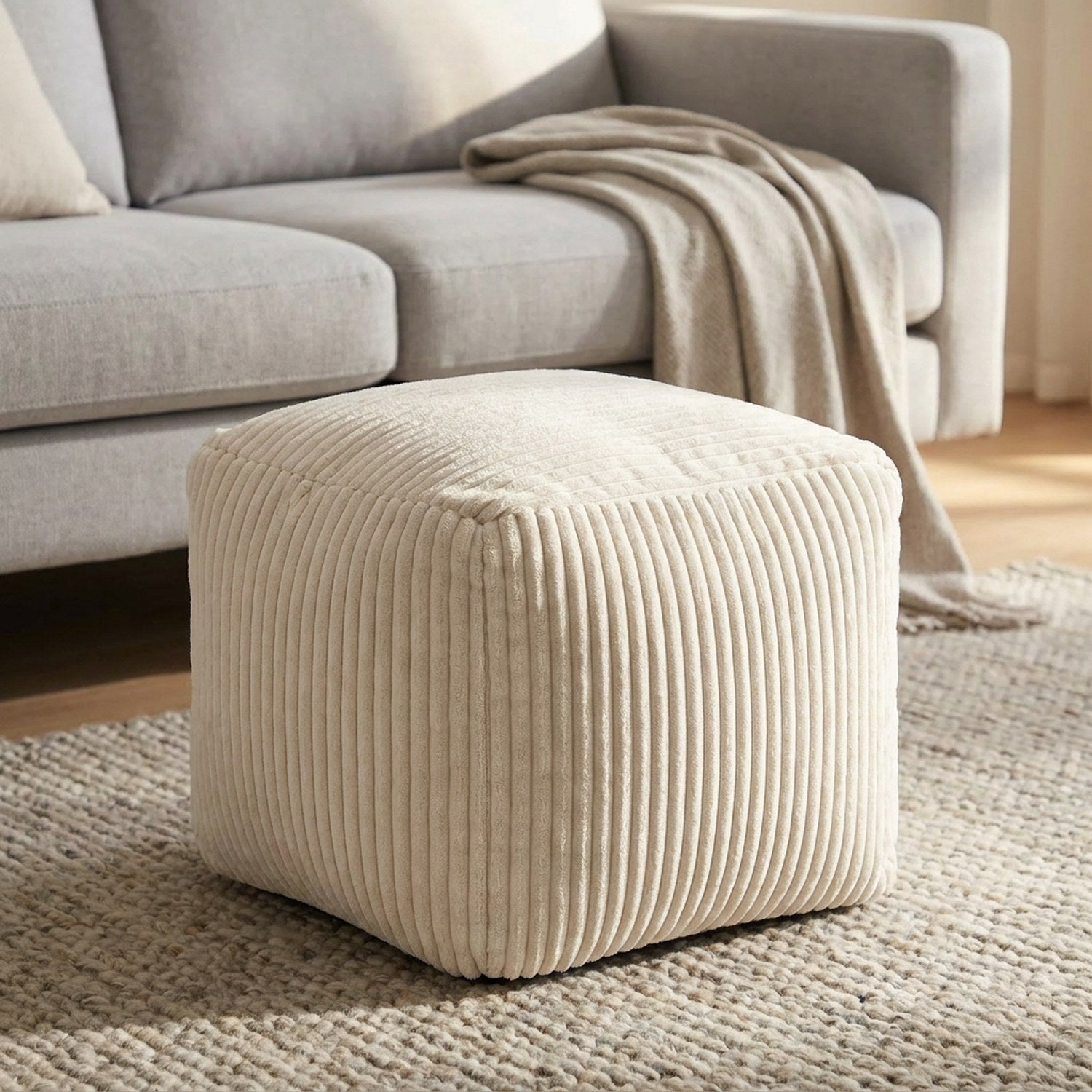 Tabouret pouf blanc utilisé comme repose pieds devant un canapé