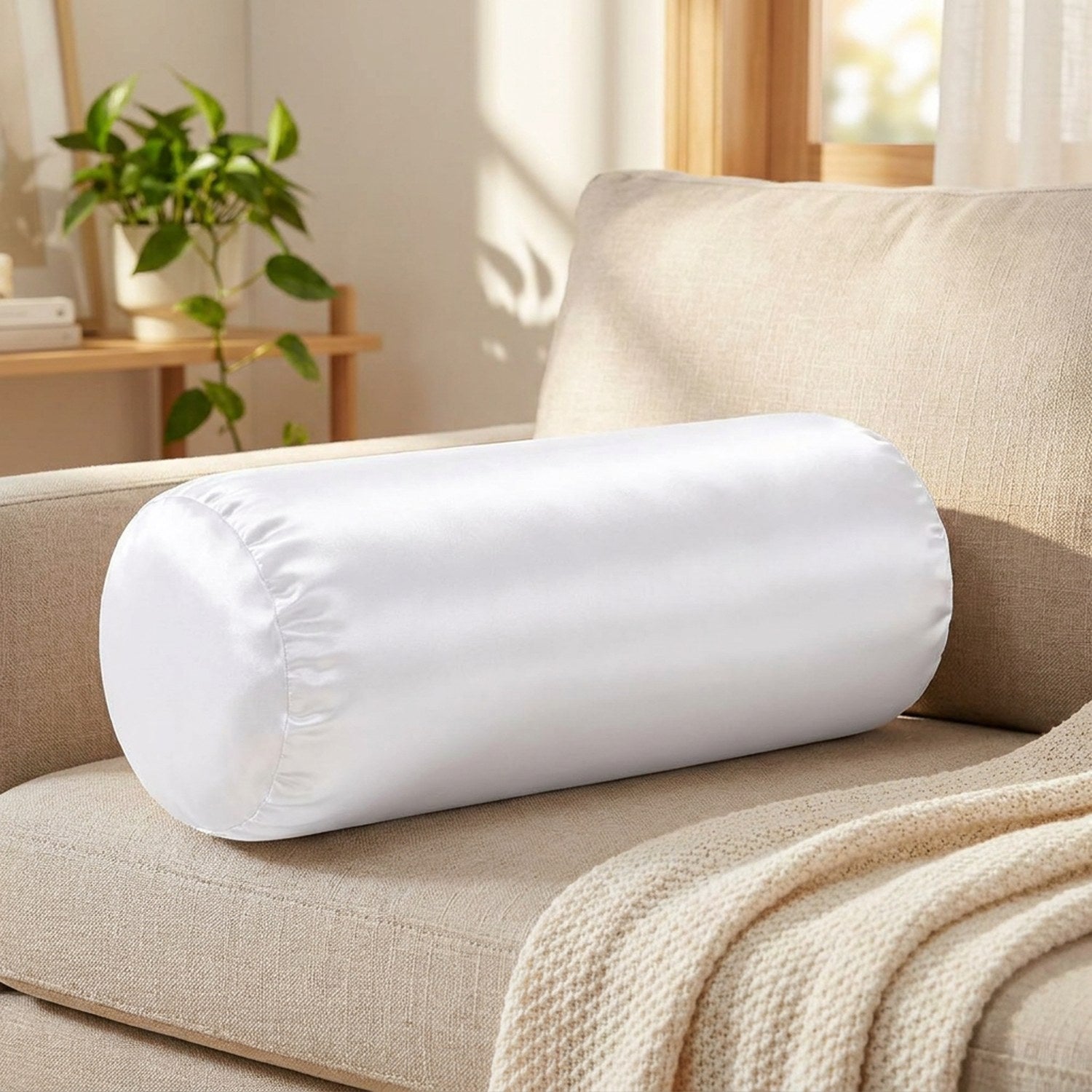 Traversin cylindrique satiné blanc posé sur un canapé en lin beige dans un salon lumineux