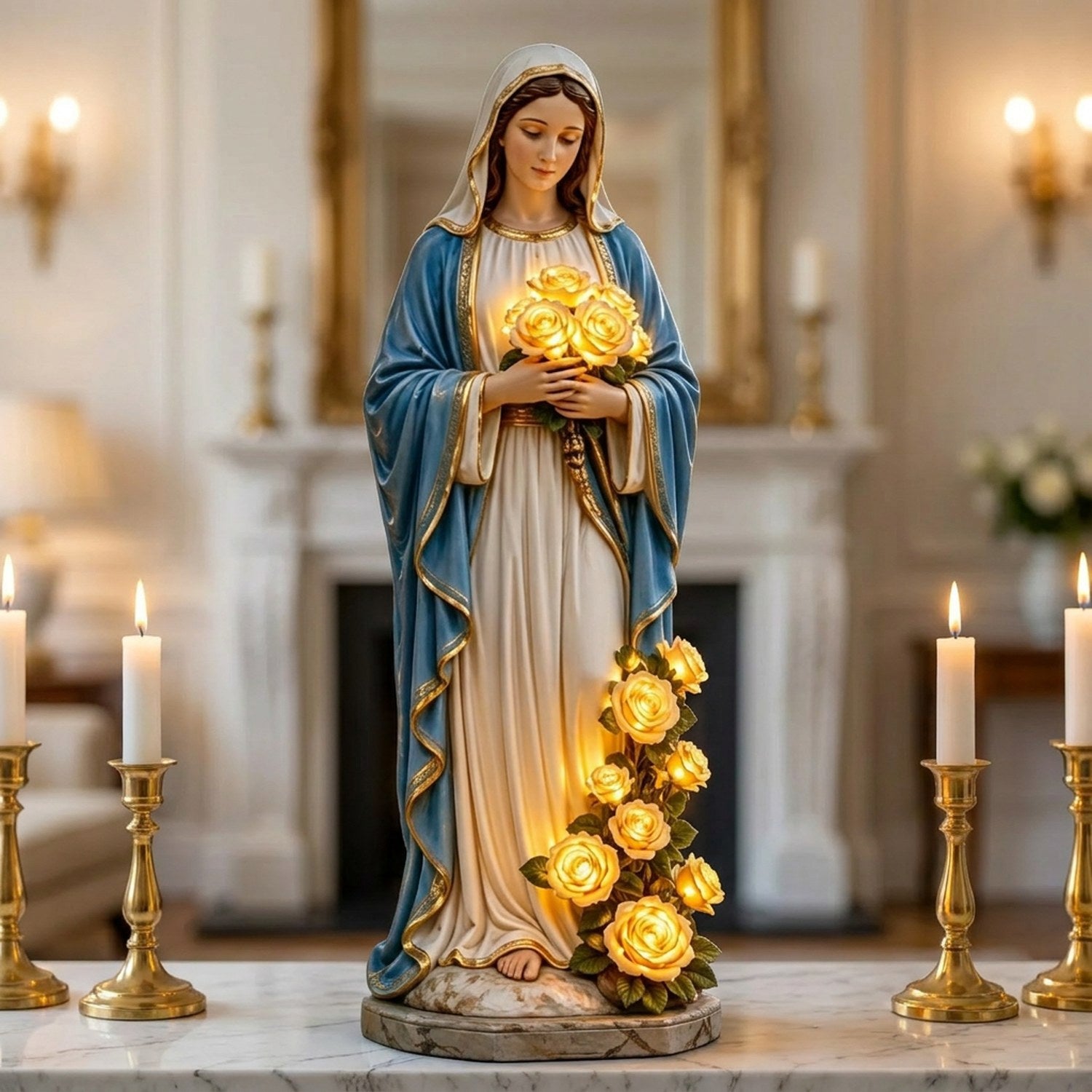 Statue Vierge Marie lumineuse sur une cheminée en marbre avec bougies dans un intérieur élégant