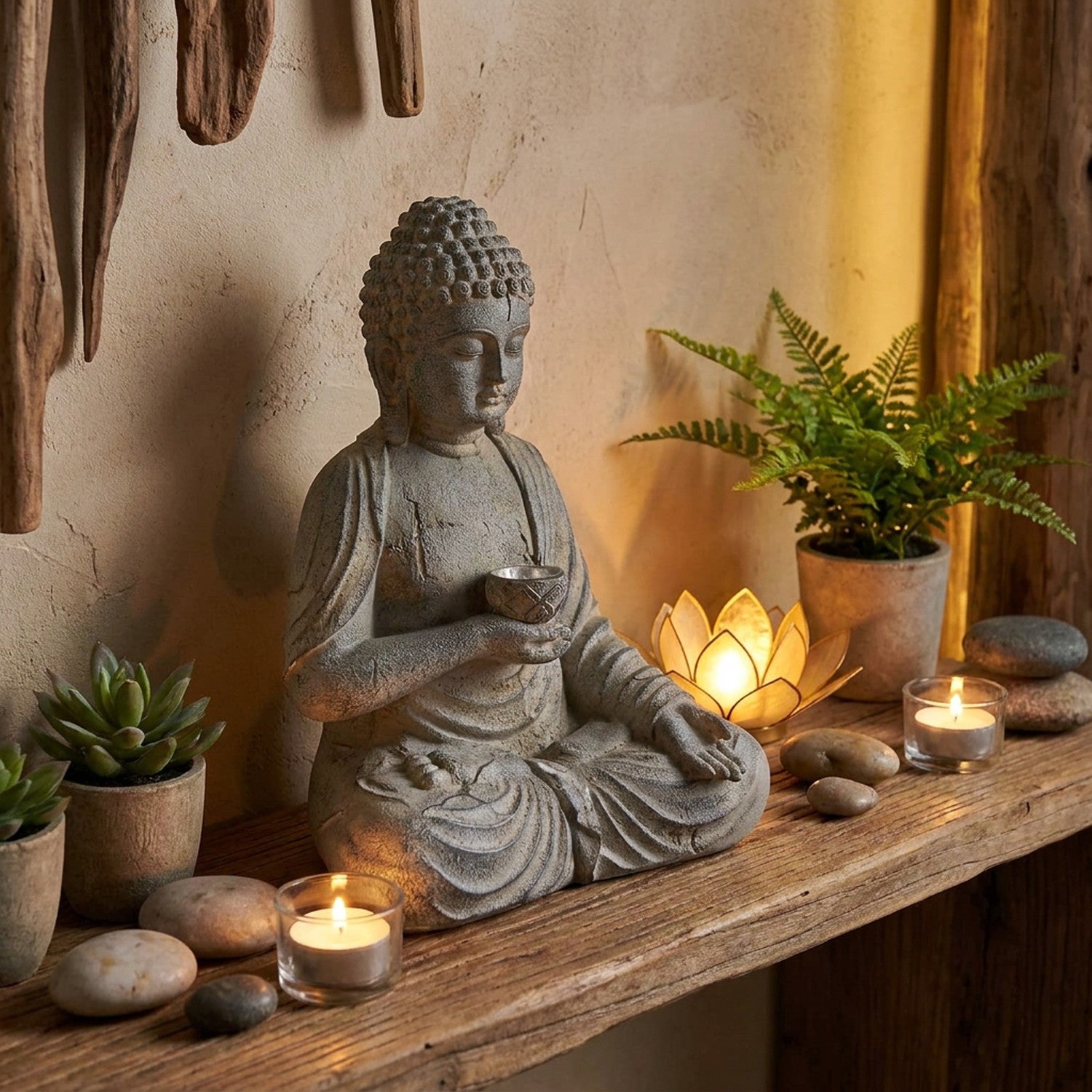 Statue Bouddha solaire sur une étagère en bois dans un espace méditation avec bougies