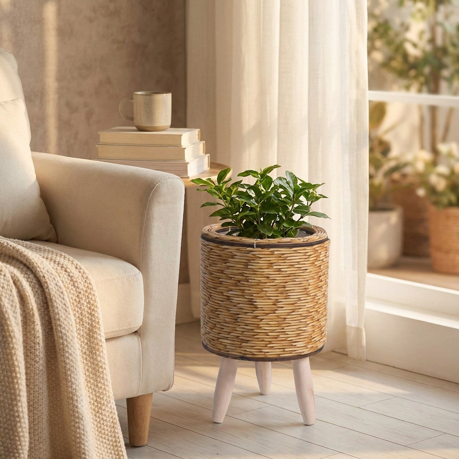 Cache-pot cylindrique en rotin naturel sur pieds en bois dans un coin lecture lumineux