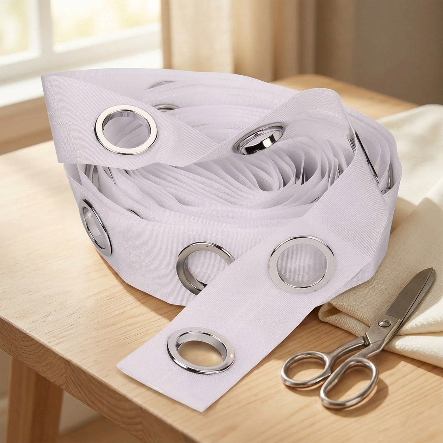 Rouleau de ruban à œillets blanc prêt à poser sur une table avec une paire de ciseaux