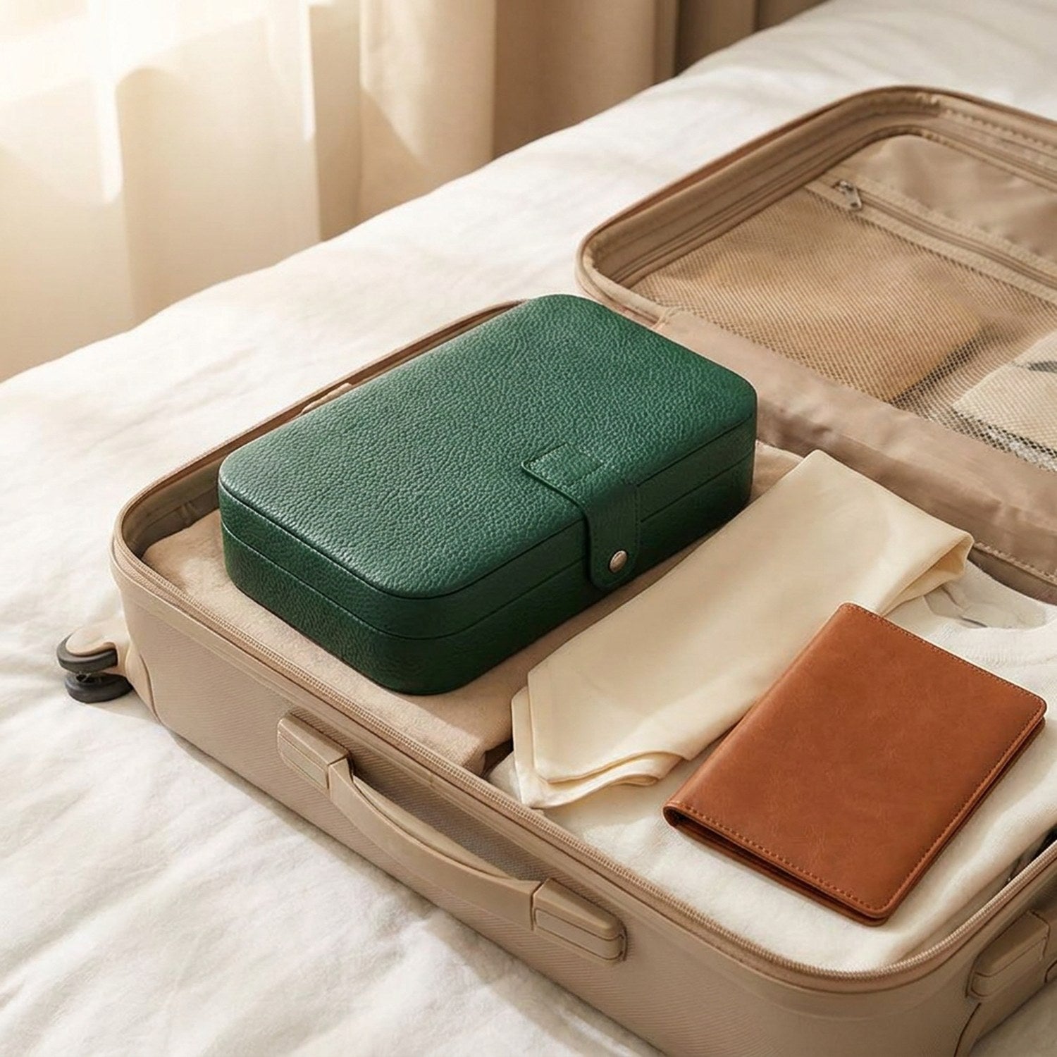 Boîte à bijoux voyage verte dans une valise ouverte sur lit blanc avec foulard