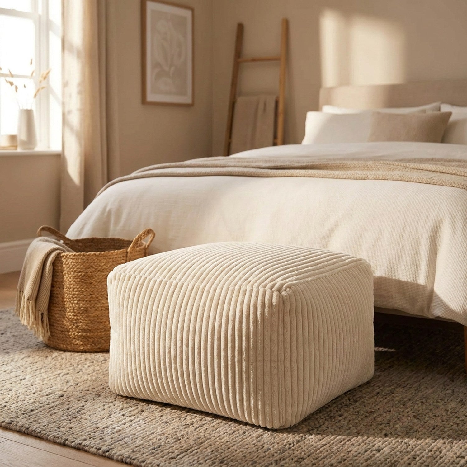 Tabouret pouf blanc au pied d'un lit dans une chambre chaleureuse