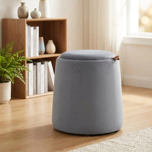 Pouf coffre de rangement gris devant une bibliothèque en bois avec plante verte