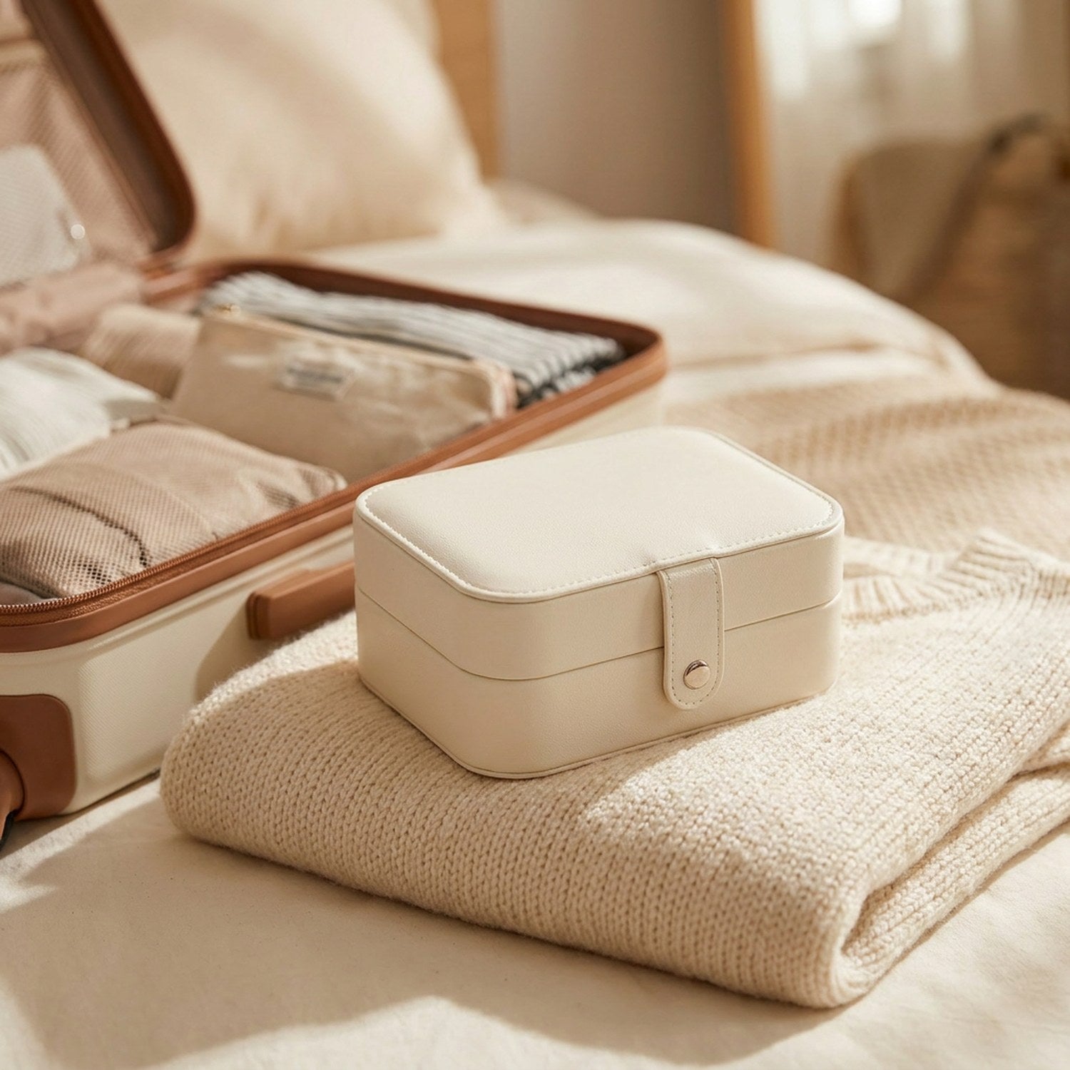Boîte à bijoux de voyage posée près d'une valise ouverte