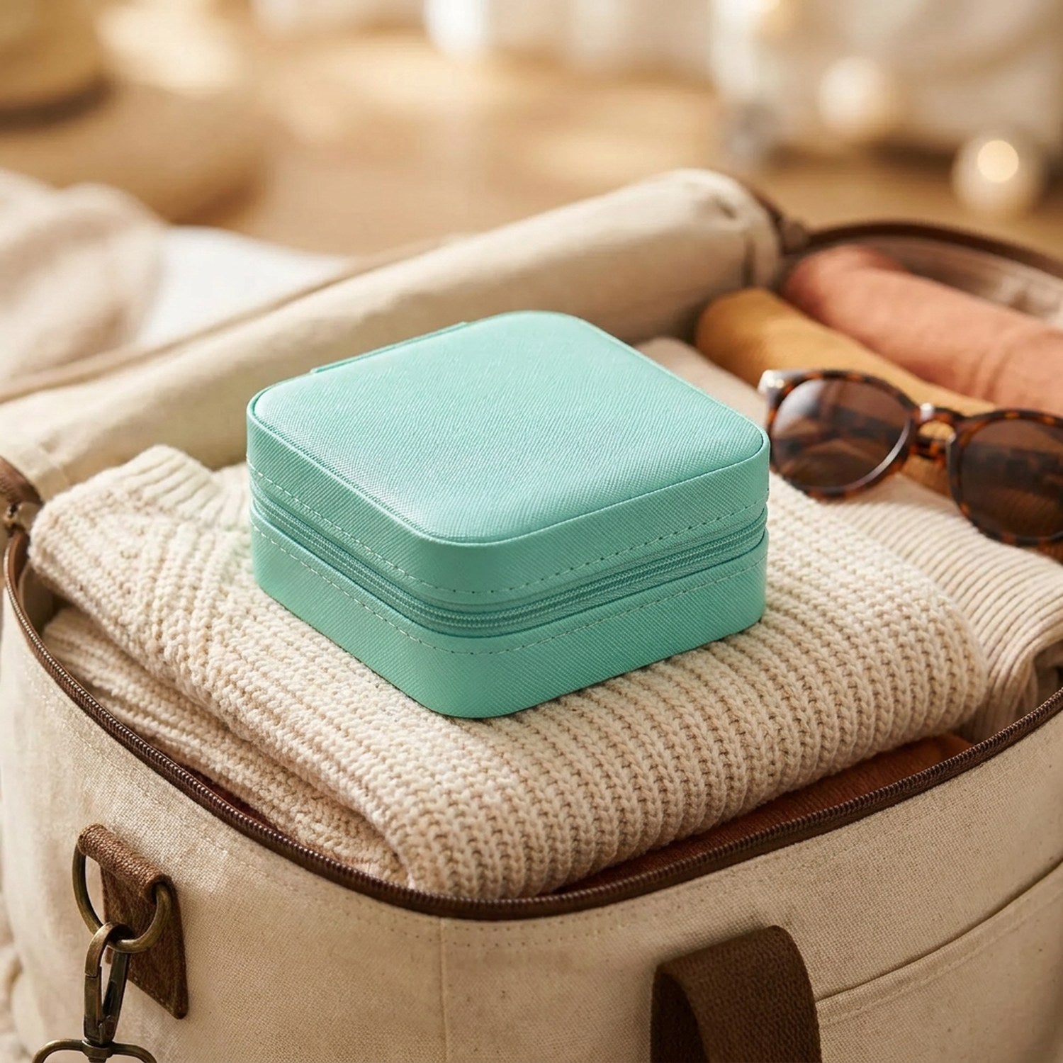 Boîte à bijoux turquoise fermée posée sur un sac de voyage