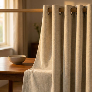 Gros plan sur la texture chevrons du rideau chenille beige près d'une table à manger