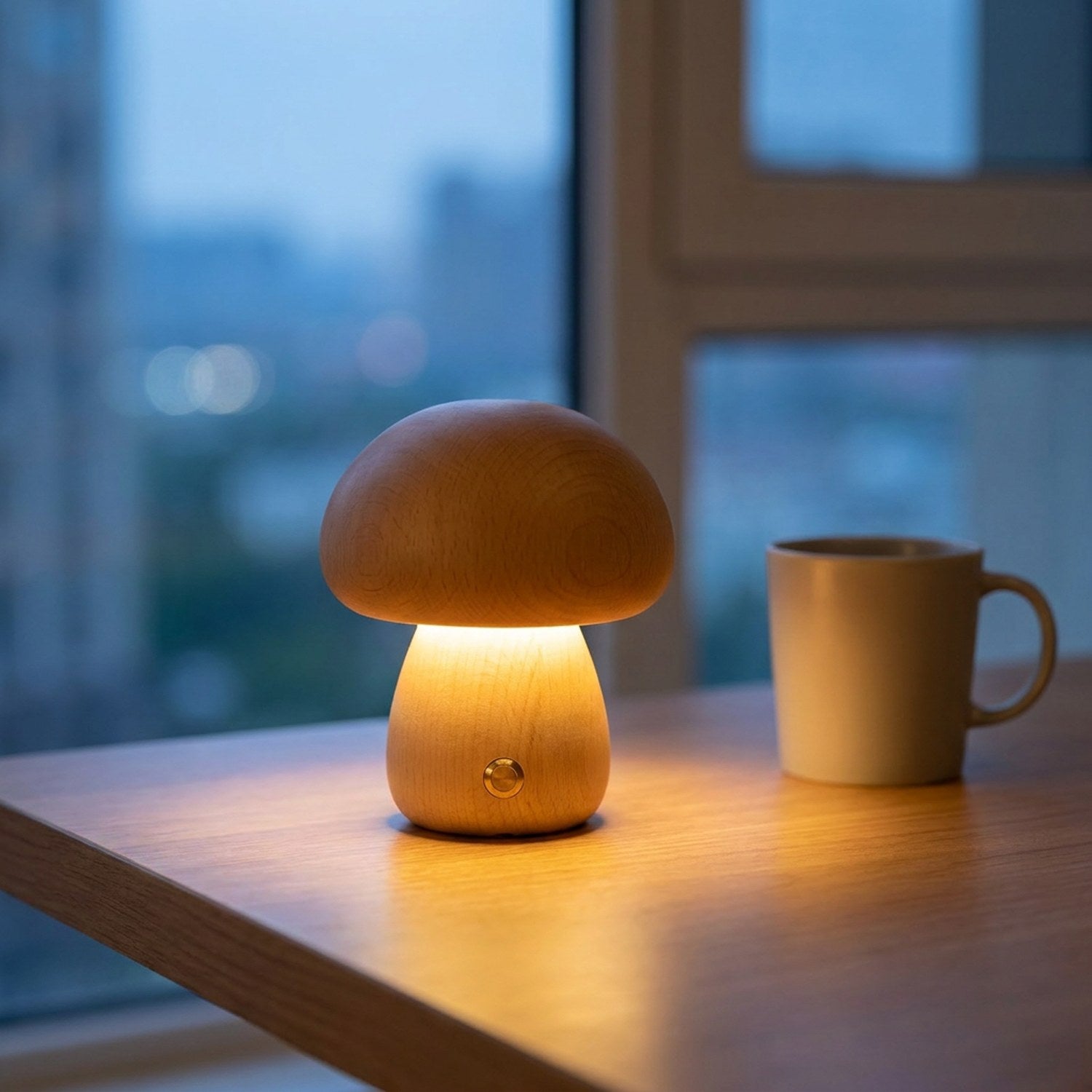 Veilleuse champignon en bois allumée sur un bureau au crépuscule près d'une fenêtre