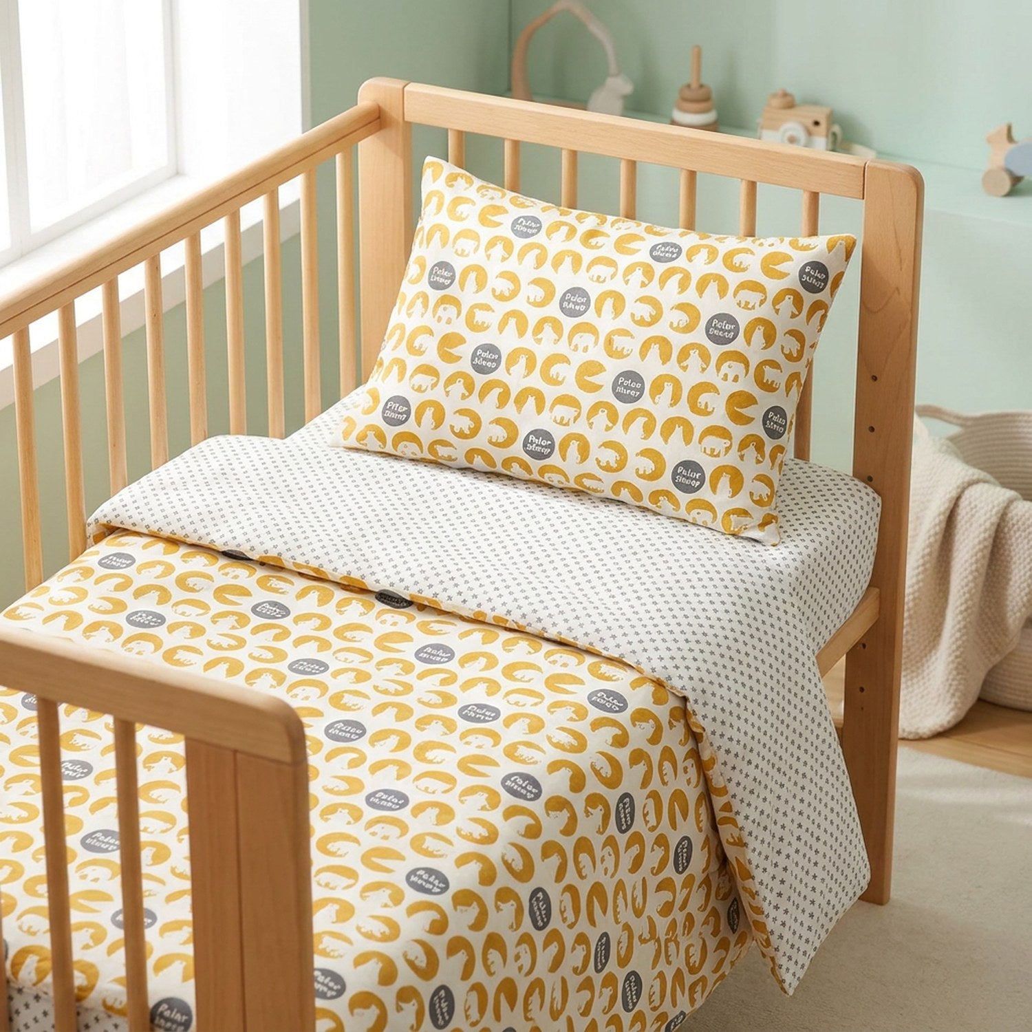 Détail du berceau avec taie d'oreiller et housse de couette pliée