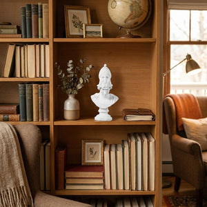 Buste d'Athéna sur bibliothèque en bois ambiance cosy