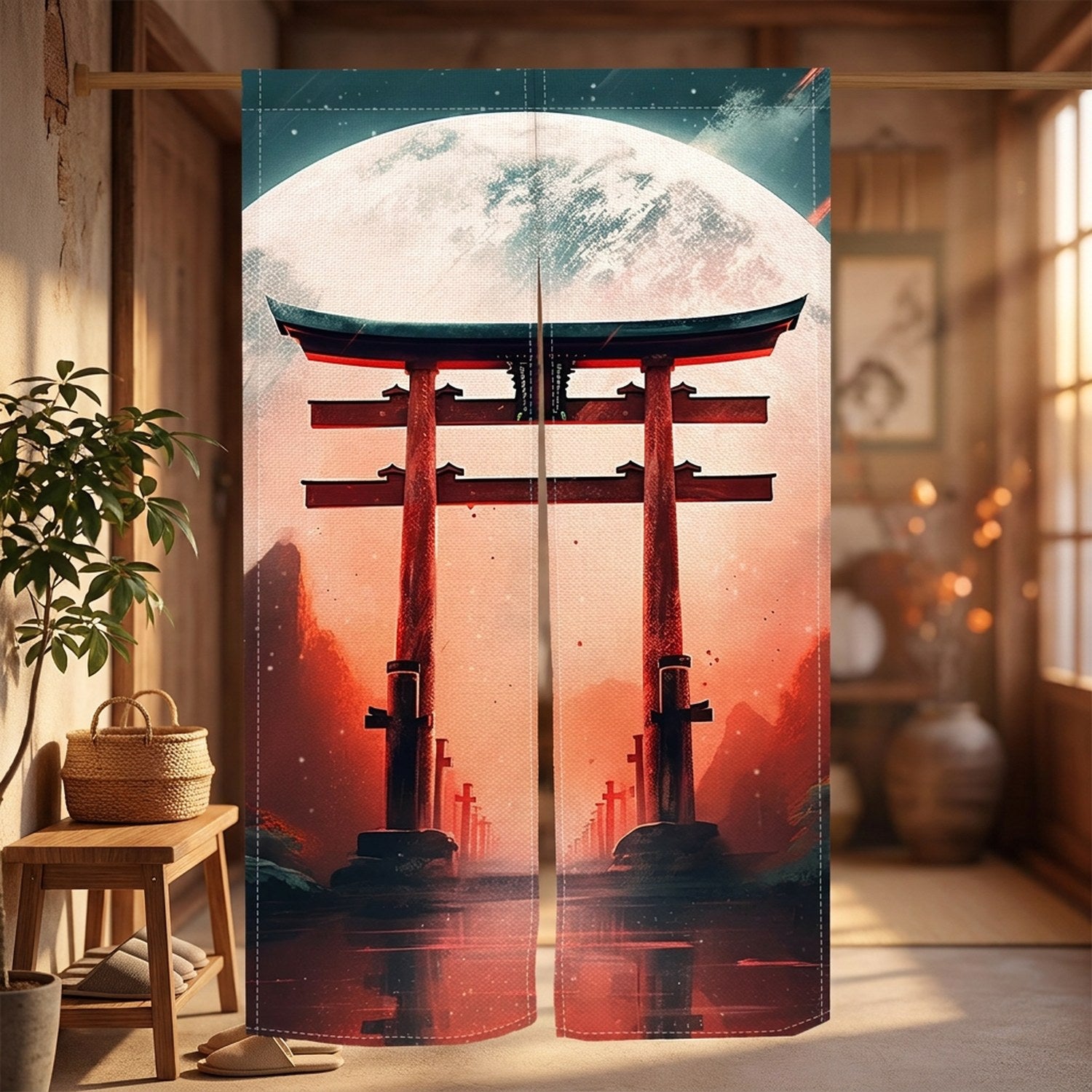Rideau de porte noren japonais suspendu à l'entrée d'une maison avec banc en bois