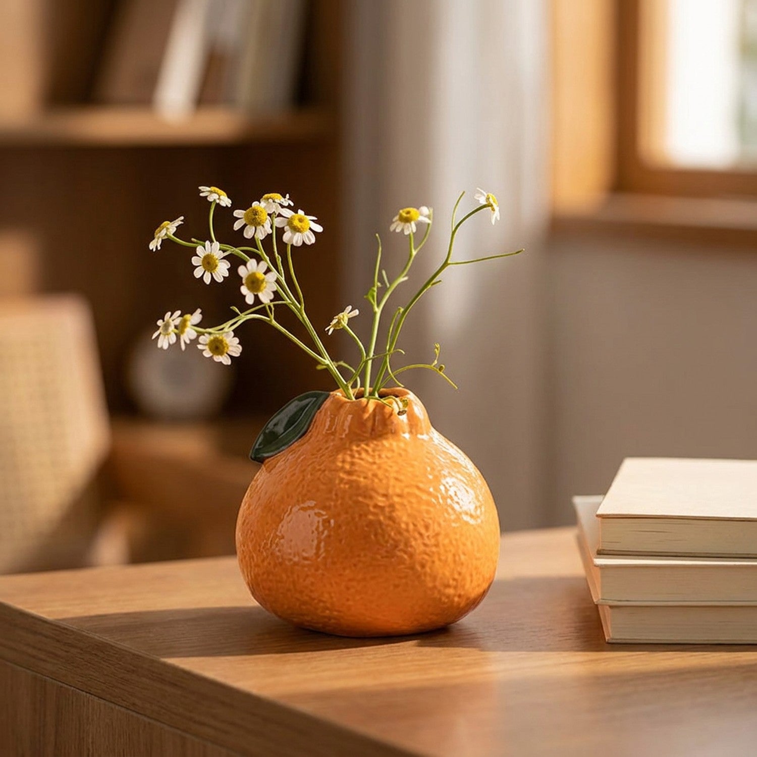 Vase en forme d'orange avec des marguerites blanches sur un bureau cosy