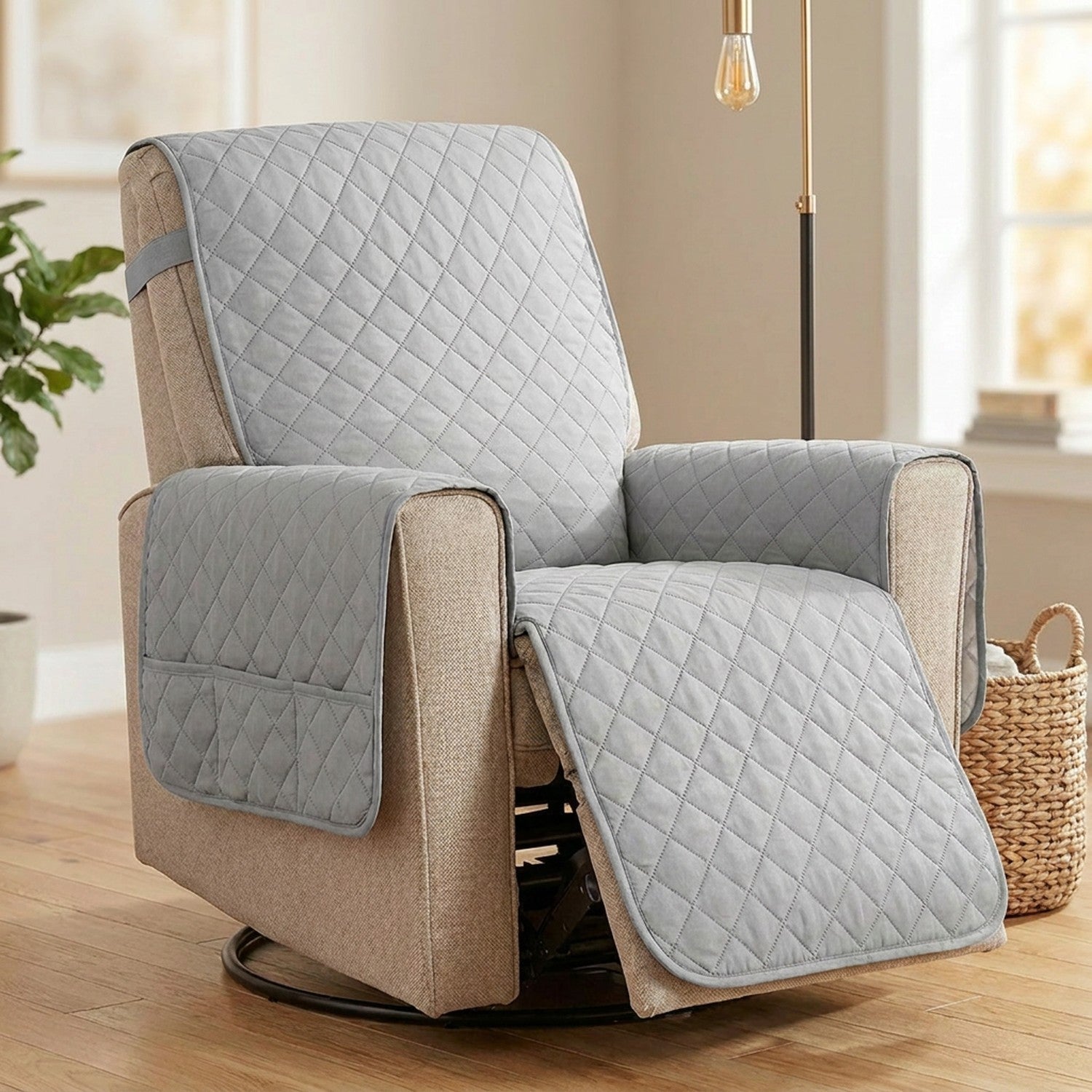 Housse de fauteuil inclinable grise vue de trois quarts près d'un lampadaire dans un salon moderne