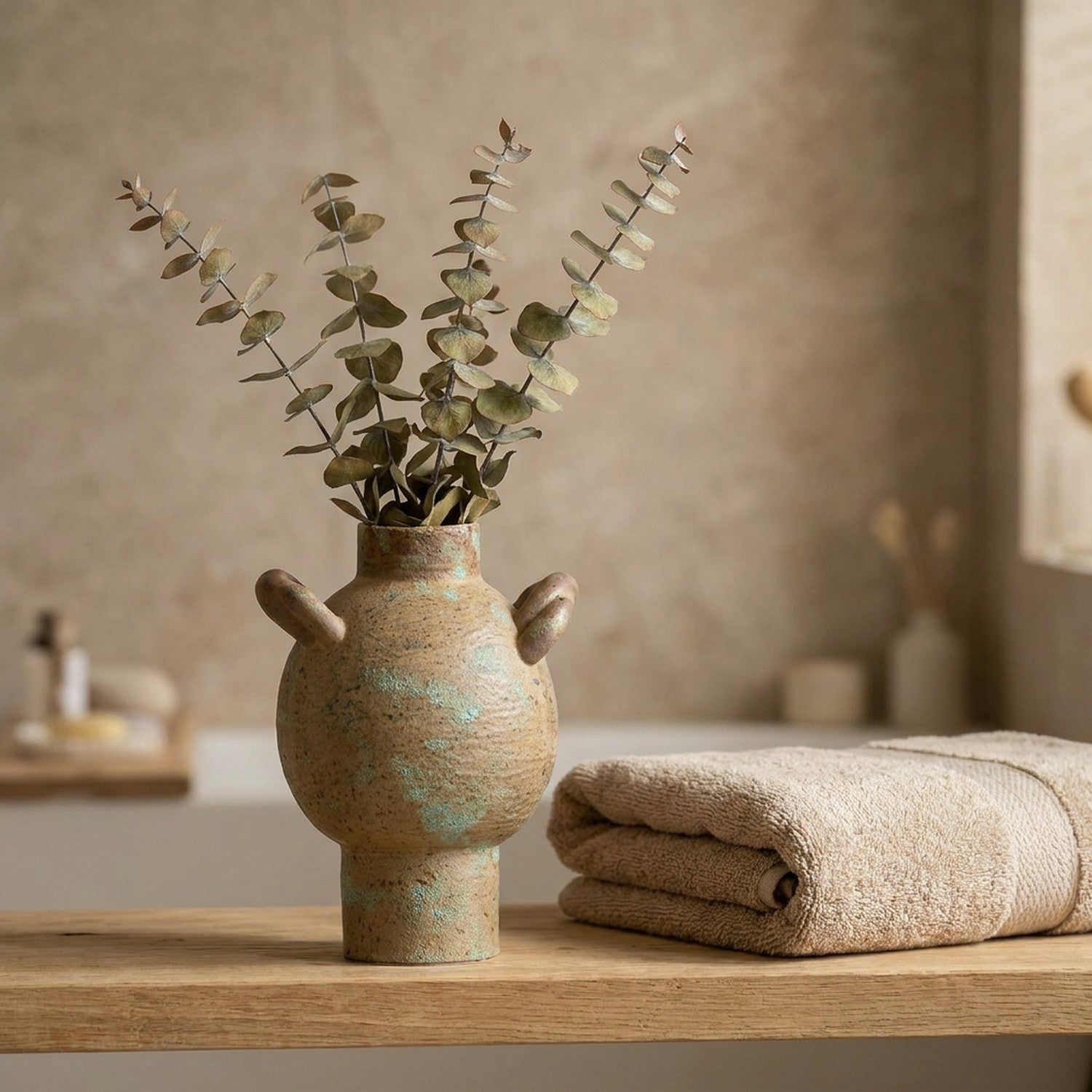 Vase rustique boule en céramique sur une étagère de salle de bain avec eucalyptus