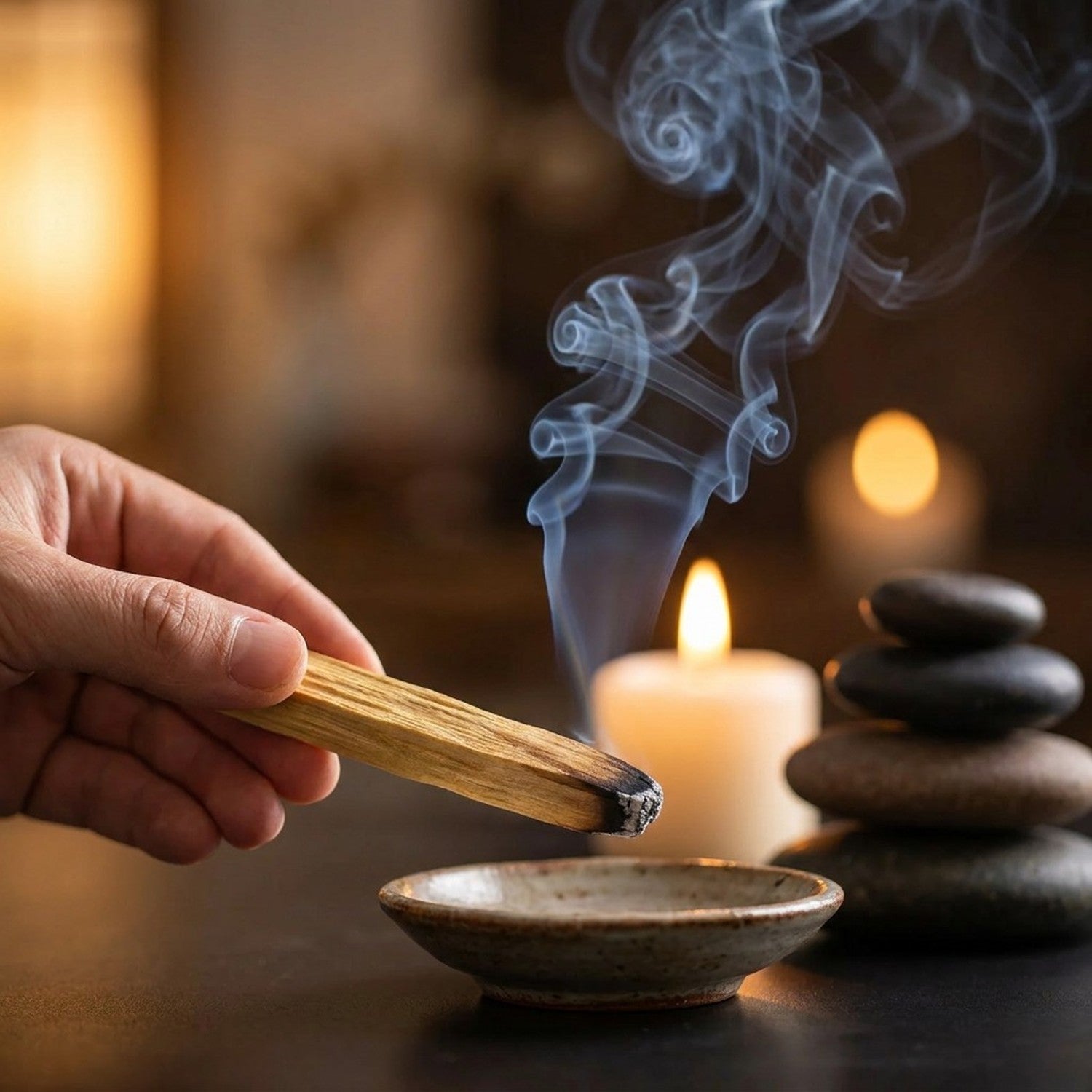 Main tenant un bâton d'encens Palo Santo allumé avec fumée douce et bougie en arrière-plan