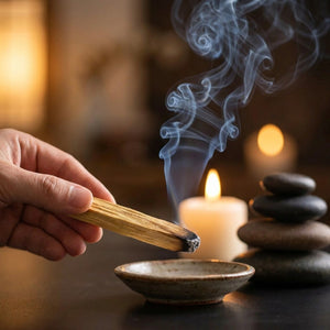 Main tenant un bâton d'encens Palo Santo allumé avec fumée douce et bougie en arrière-plan